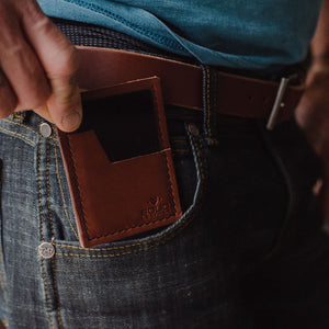 a slim Solid Leather cardholder wallet into front pocket of jeans
