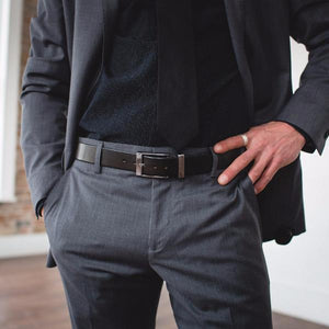 Men’s Black Formal Designer Leather Belt-Chrome Style