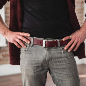 Mens Burgundy Casual Designer Leather Belt Gunmetal Style