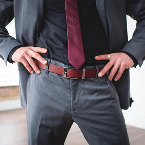 Men’s Burgundy Formal Designer Leather Belt-Chrome Style