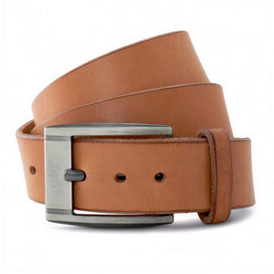 Natural tan Solid Leather Casual Belt - stainless steel Buckle rolled up with a white background