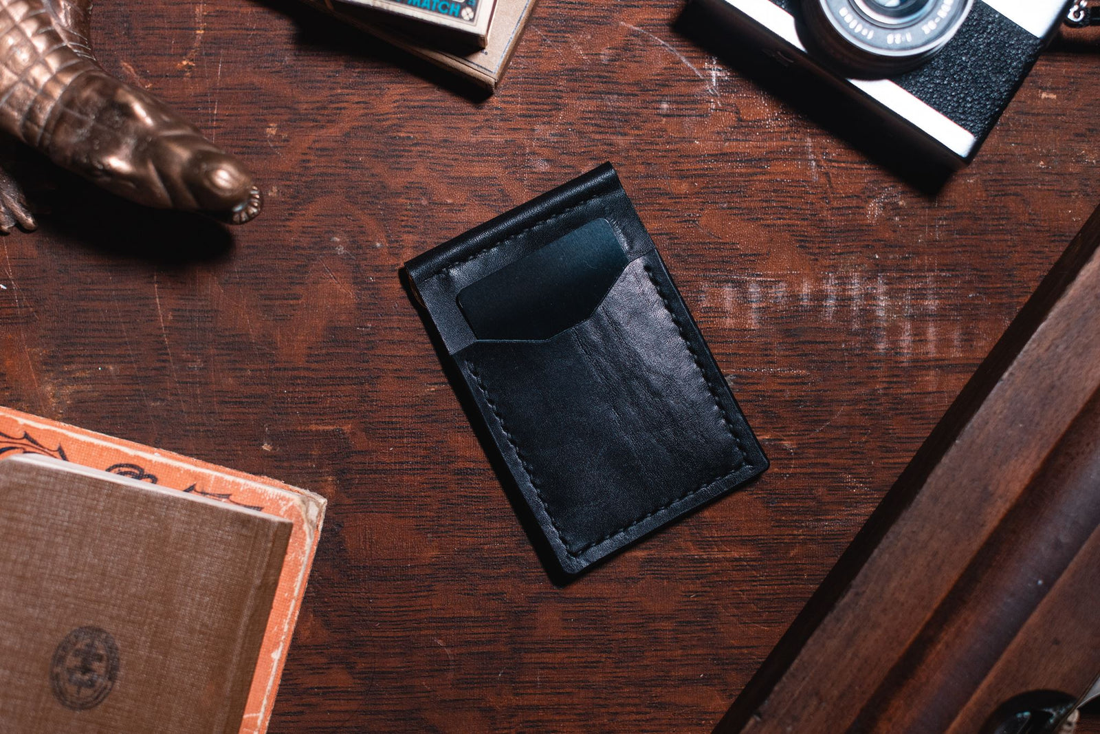 leather money clip wallet Black
