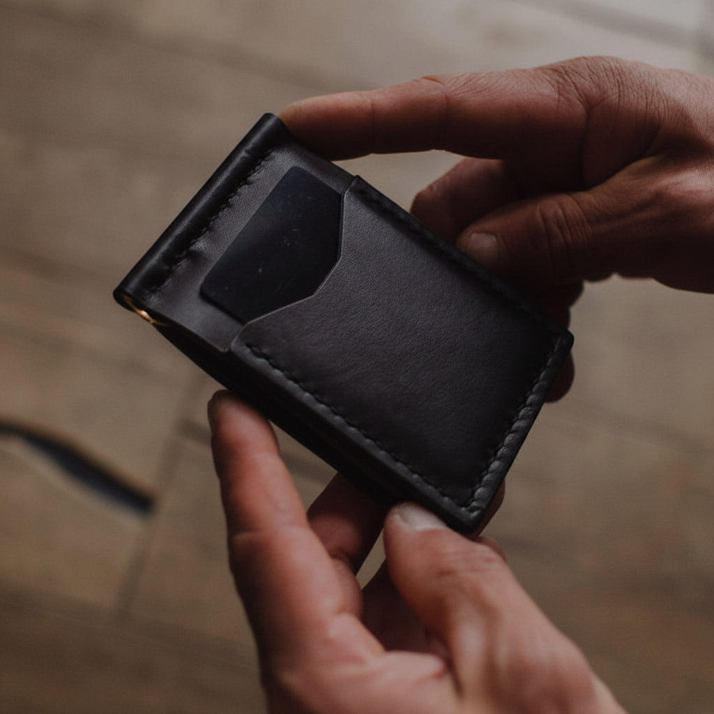 A close-up of a person's hands holding a slim, black leather card holder money clip wallet against a blurred wooden background. Crafted by Solid Leather in Canada. Built to Last 
