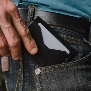 a black leather minimalist bifold wallet and matching Solid Leather belt on a pair of dark jeans  