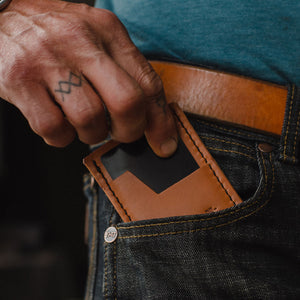 A close-up of a man's hand inserting a tan leather cardholder walltet into the front pocket in his blue jeans, with matching tan leather casual belt.