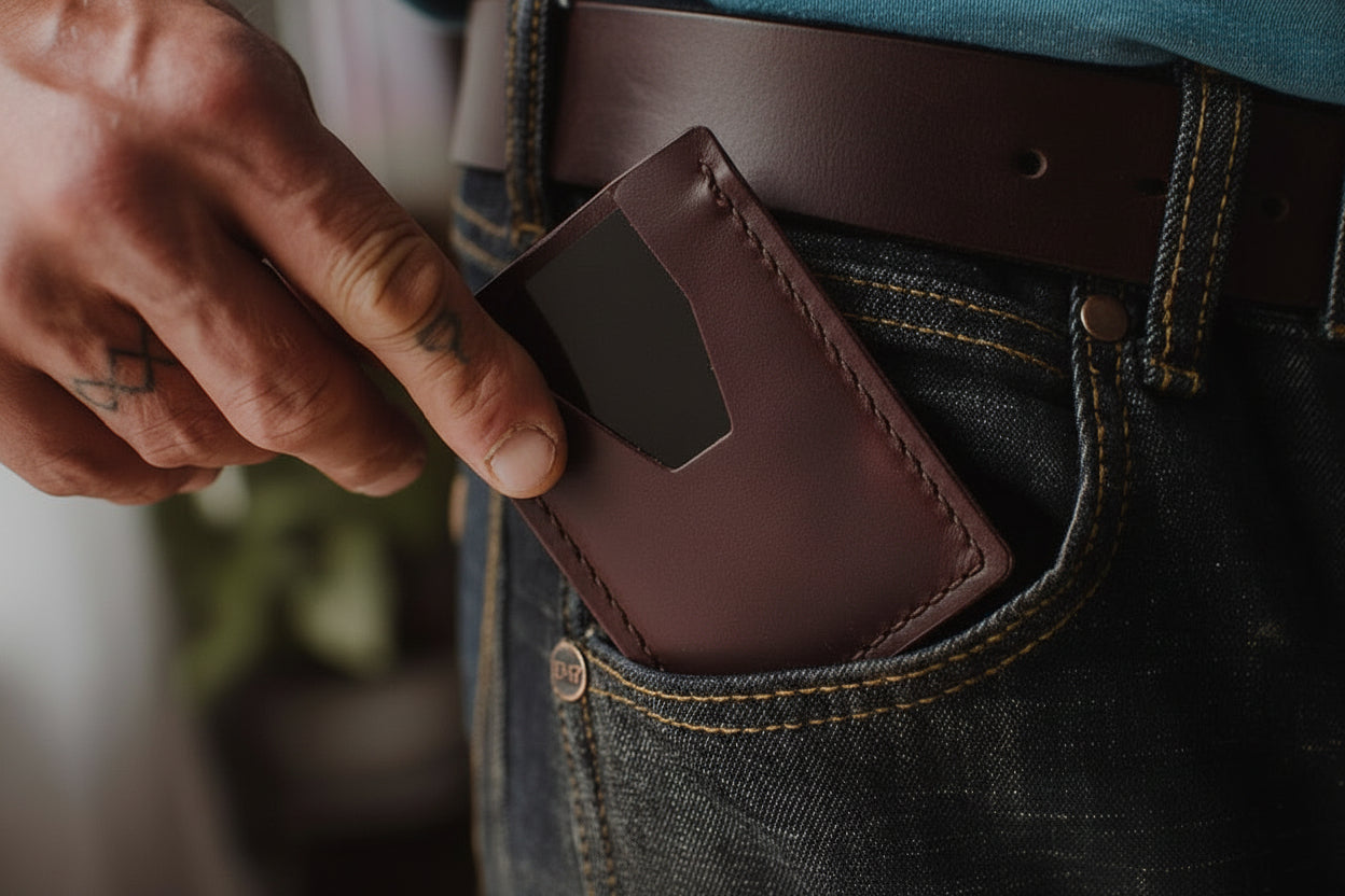 a bark brown minimalist wallet and matching belt 