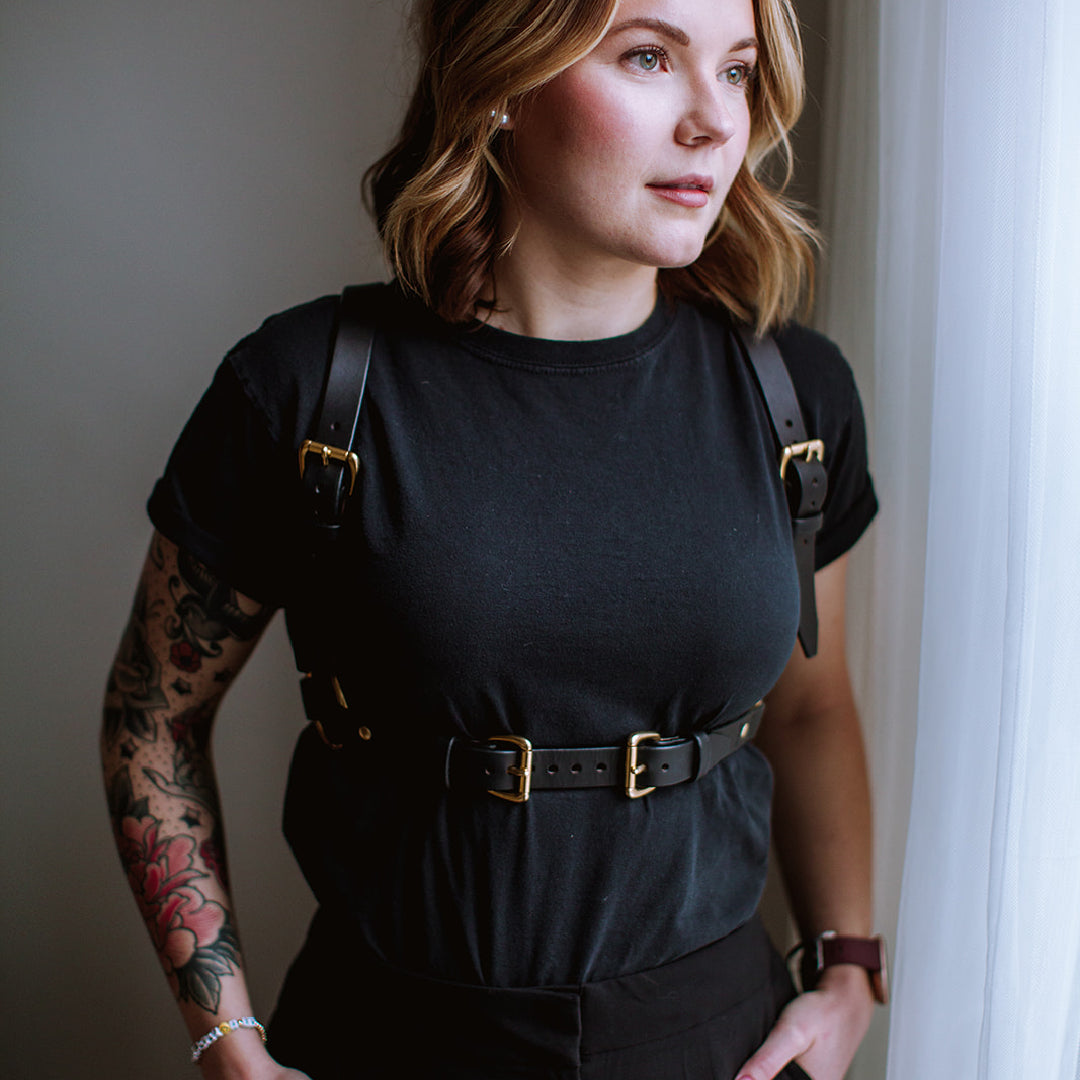 Emily Solid Leather Body Harness Front Window