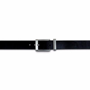 Mens formal leather belt in black with chrome buckle and keeper